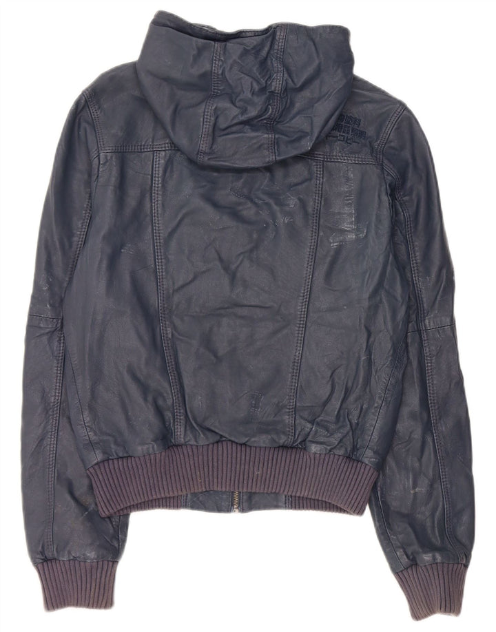 Superdry Damen-Lederjacke mit Kapuze, UK 14, mittleres marineblaues Leder