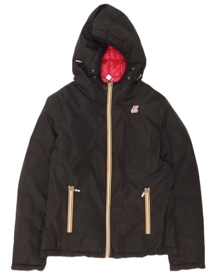 K-Way Damen Kapuzenjacke, wendbar, wattiert, UK 14, Größe L, aus schwarzem Nylon