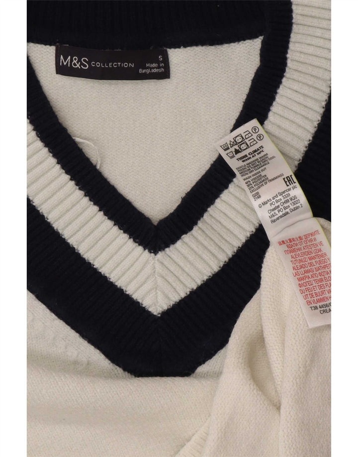 Marks & Spencer Damen-Pullover mit V-Ausschnitt, Gr. 10, Größe S, Weiß, Farbblock
