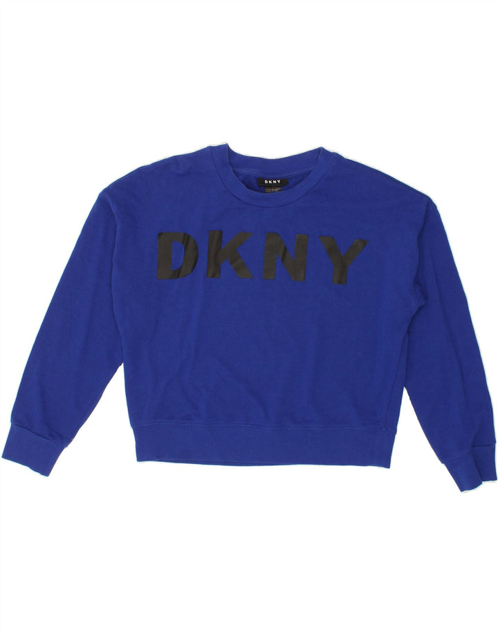 DKNY Womens Graphic Sweatshirt Jumper UK 14 Medium Navy Blue Polyester Vintage Dkny and Second-Hand Dkny from Messina Hembry 