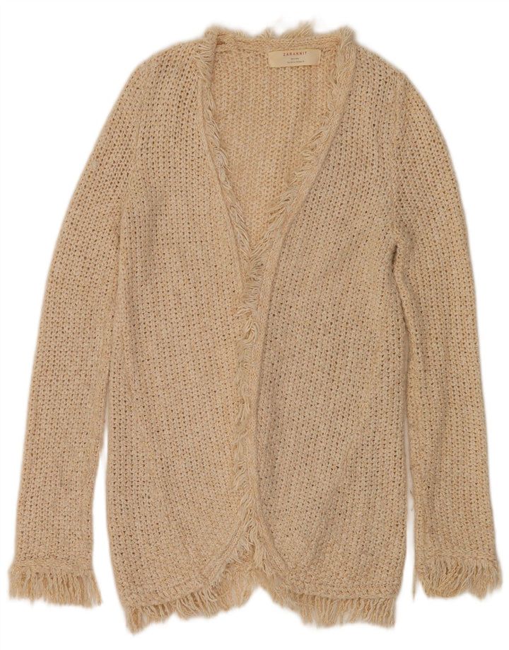 Zara Damen Longline Open Cardigan Pullover UK 14 Mittelbeige Baumwolle