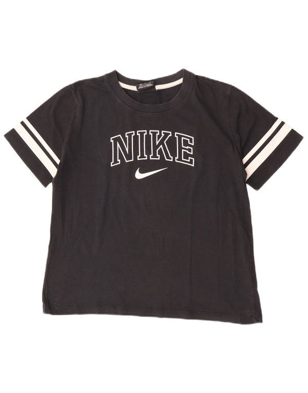 Nike Damen Crop Graphic T-Shirt Top UK 14 Mittelschwarze Colourblock-Baumwolle