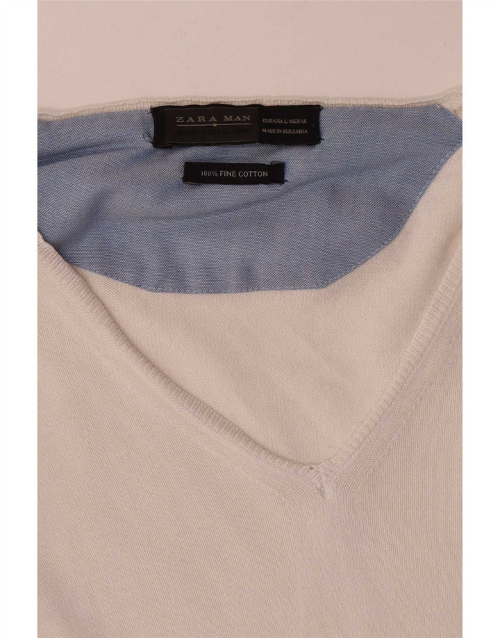 Zara Herren-Pullover mit V-Ausschnitt, groß, aus weißer Baumwolle
