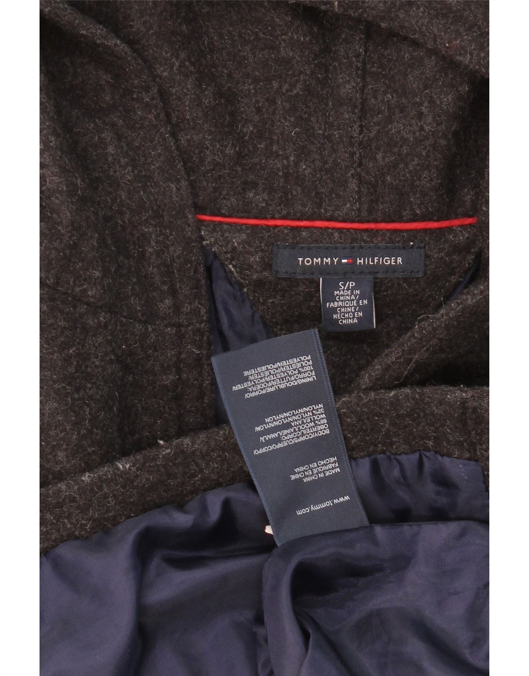 TOMMY HILFIGER Womens Hooded Duffle Jacket UK 10 Small Grey Striped Wool Vintage Tommy Hilfiger and Second-Hand Tommy Hilfiger from Messina Hembry 
