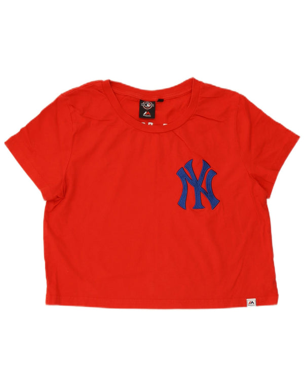 Majestic Damen New York Yankees Crop Graphic T-Shirt Top UK 14 Mittelrot