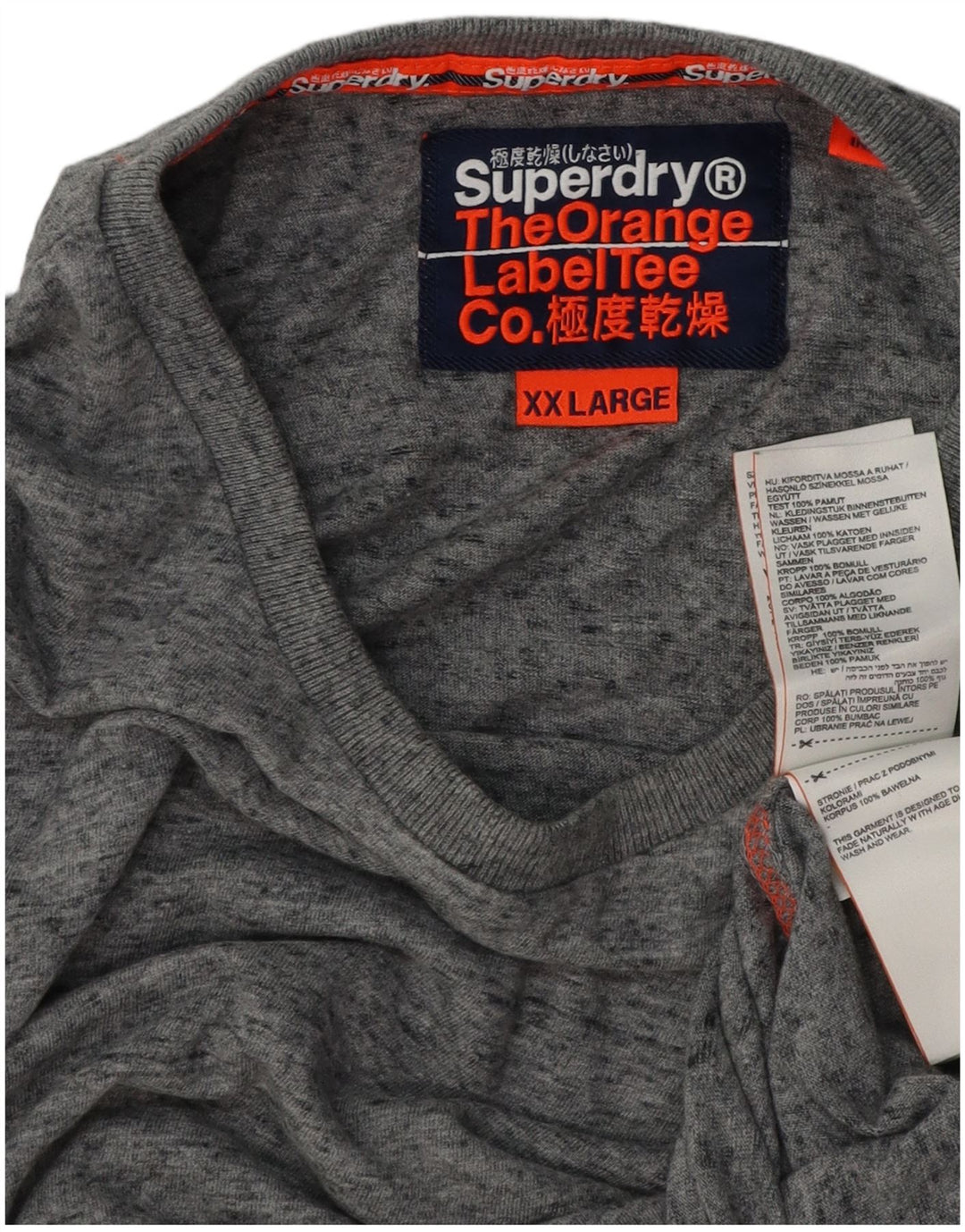 SUPERDRY Herren-T-Shirt-Oberteil 2XL aus grau gesprenkelter Baumwolle