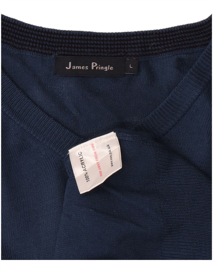 JAMES PRINGLE Mens V-Neck Jumper Sweater Large Blue Acrylic