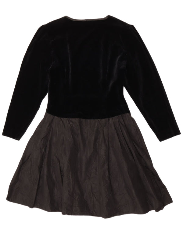 Vintage Damen Langarm A-Linie Kleid UK 14 Medium Schwarz