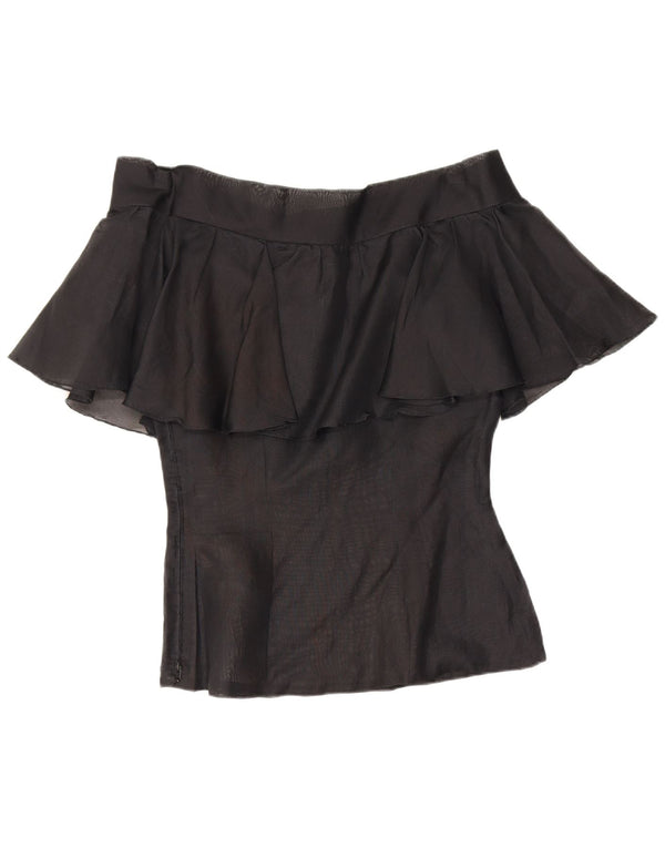 Vintage Damen Off Shoulder Top UK 10 Small Schwarz geblümt