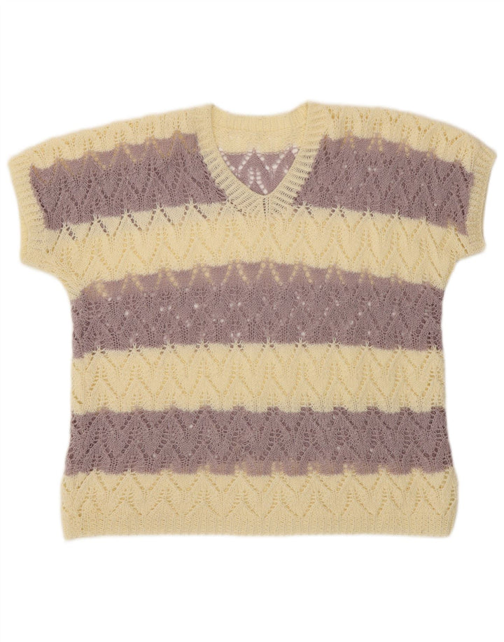 VINTAGE Damen Crop Kurzarm V-Ausschnitt Pullover Pullover UK 16 Large Lila