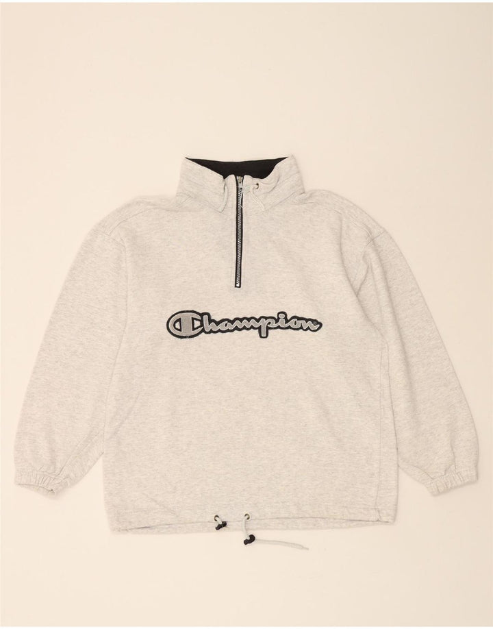 CHAMPION Mens Graphic Zip Neck Sweatshirt Jumper Small Grey Cotton Vintage Champion and Second-Hand Champion from Messina Hembry 