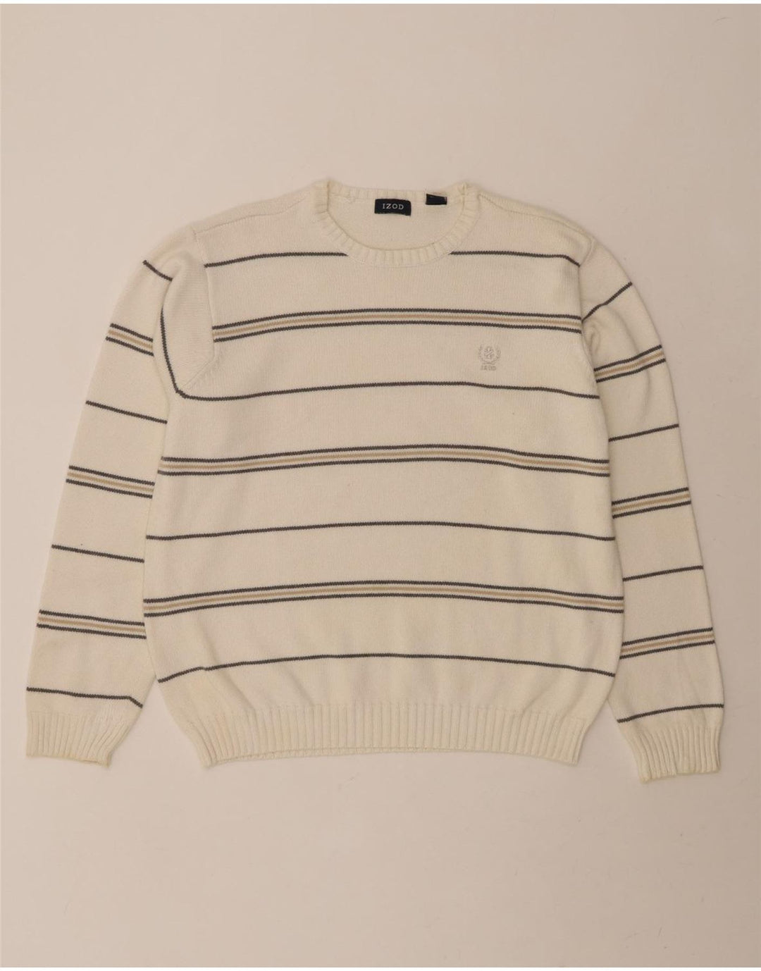 IZOD Mens Crew Neck Jumper Sweater Medium White Striped Cotton Vintage Izod and Second-Hand Izod from Messina Hembry 