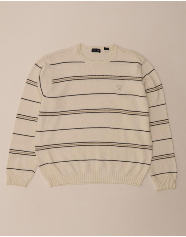 IZOD Mens Crew Neck Jumper Sweater Medium White Striped Cotton Vintage Izod and Second-Hand Izod from Messina Hembry 