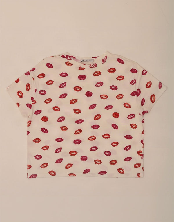 Zara Damen Crop Graphic T-Shirt Top UK 10 Small Weiß