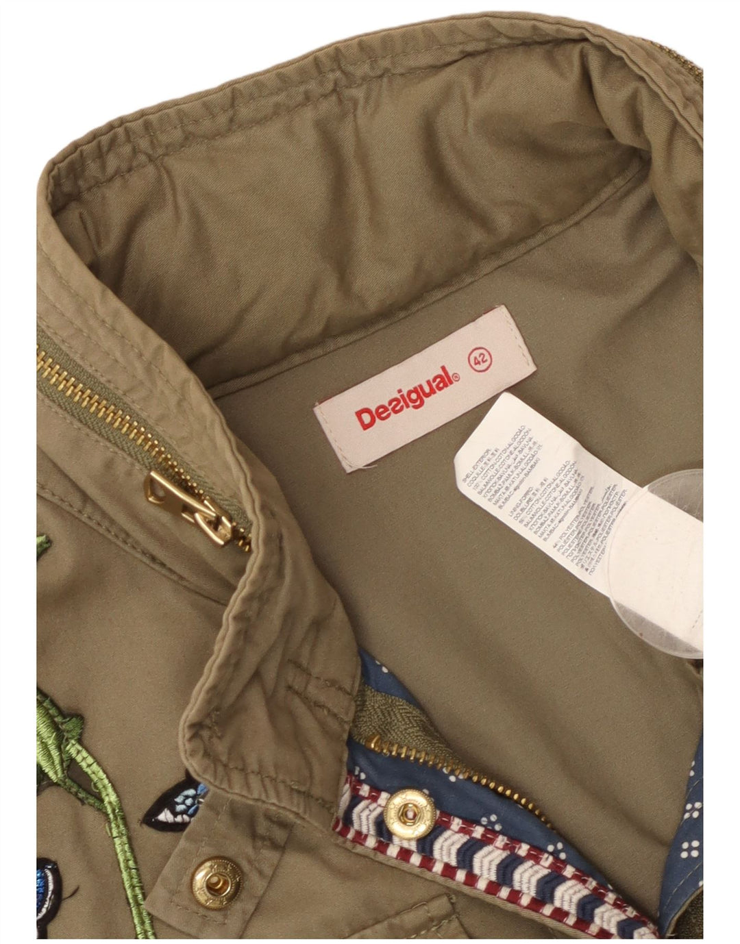 DESIGUAL Grafische Damen-Militärjacke, EU 42, großer Khaki-Baumwoll-Schmetterling
