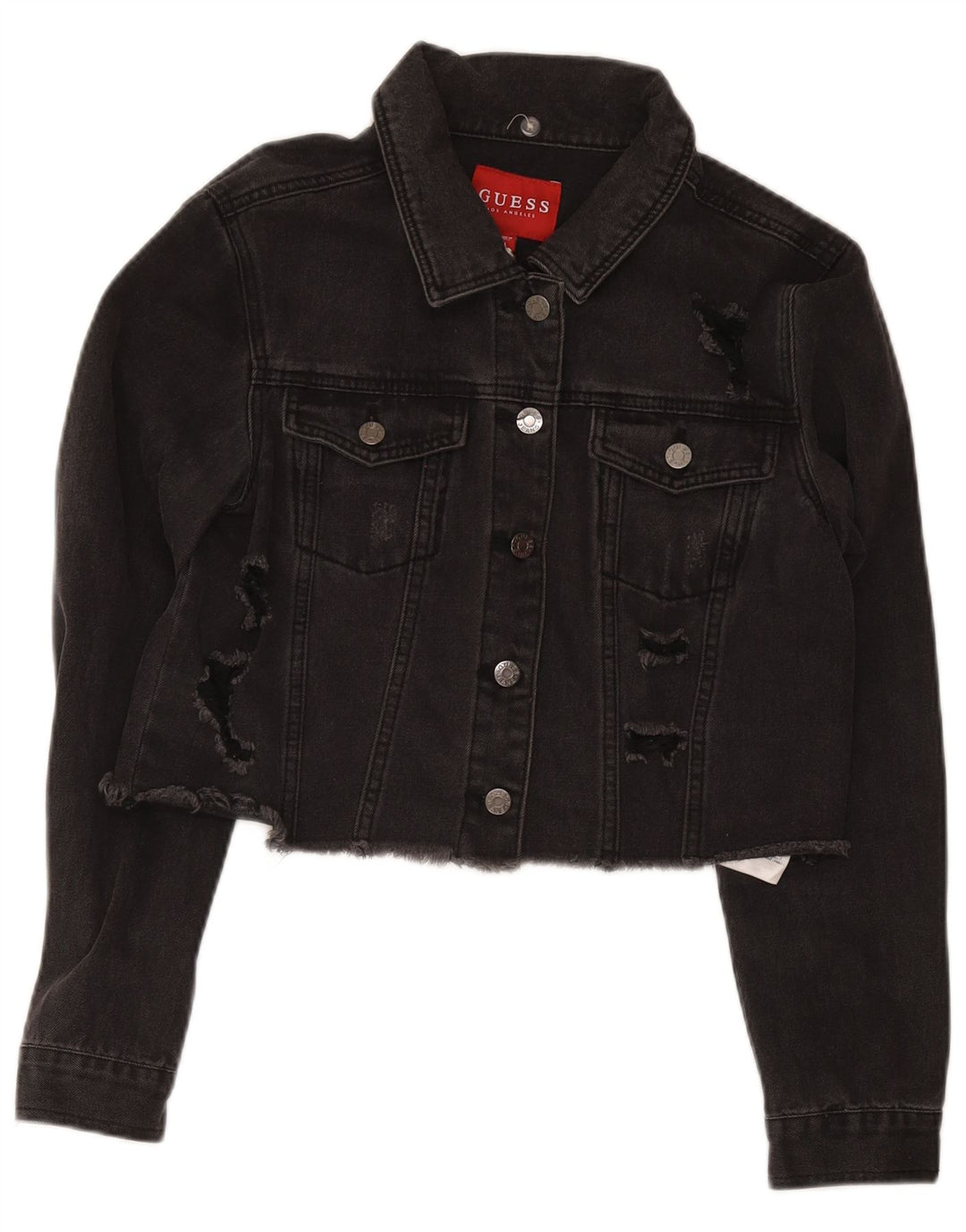 Guess Damen Distressed Crop Denim Jacke UK 12 Mittelschwarze Baumwolle
