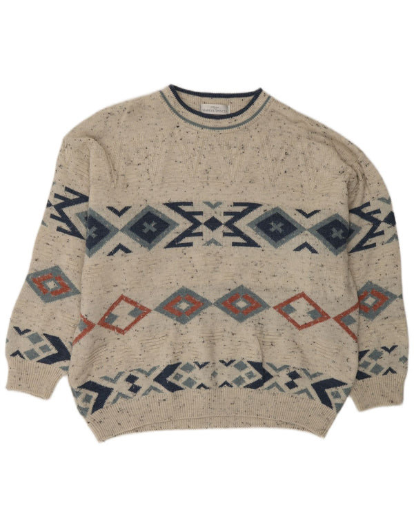 Marks & Spencer Mens Crew Neck Jumper Sweater XL Beige Geometric Acrylic