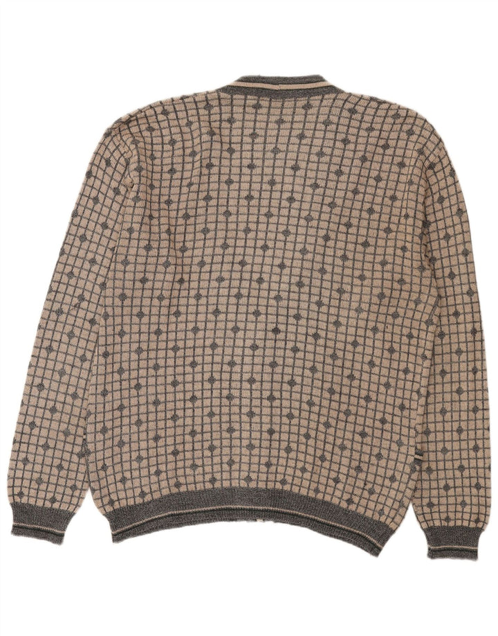 Spazio Herren-Cardigan-Pullover IT 52 Large Beige Check Cotton