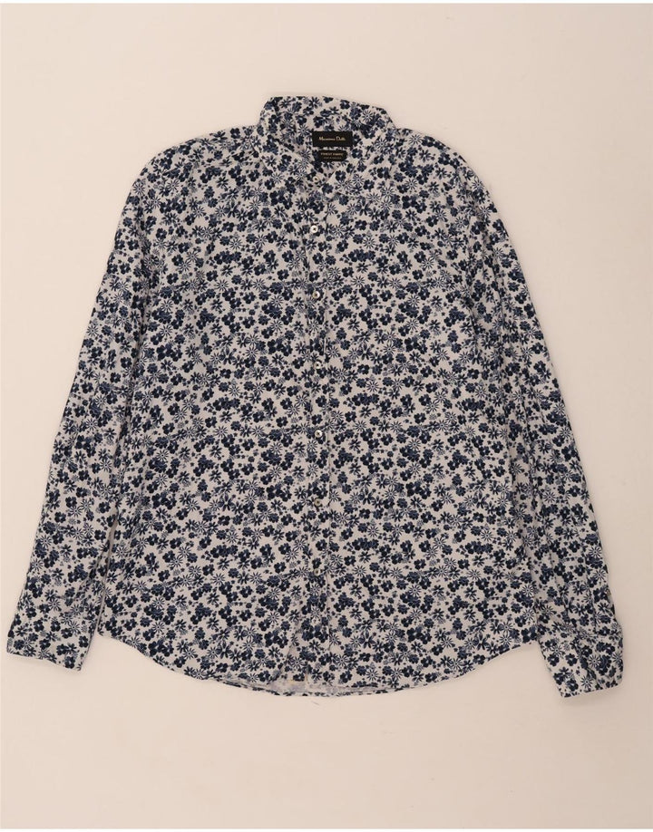 Massimo Dutti Herrenhemd XL, blau, geblümt, Baumwolle