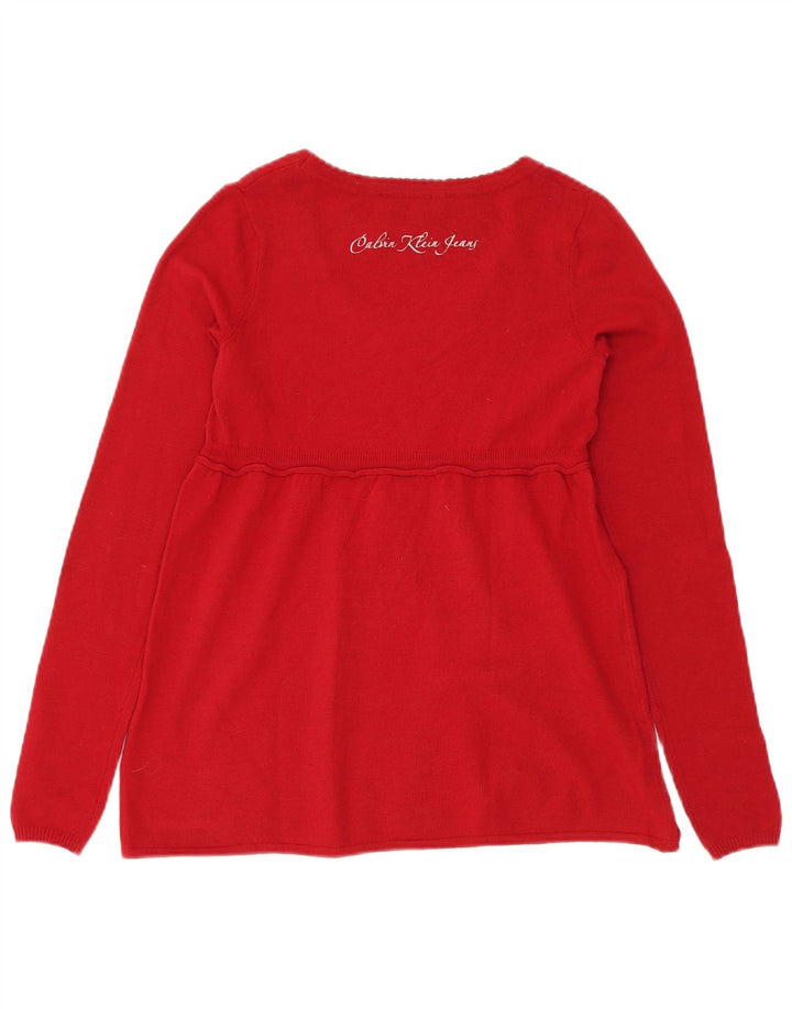 CALVIN KLEIN JEANS Damen-Pullover mit grafischem U-Boot-Ausschnitt, Gr. 10, Größe S, Rot