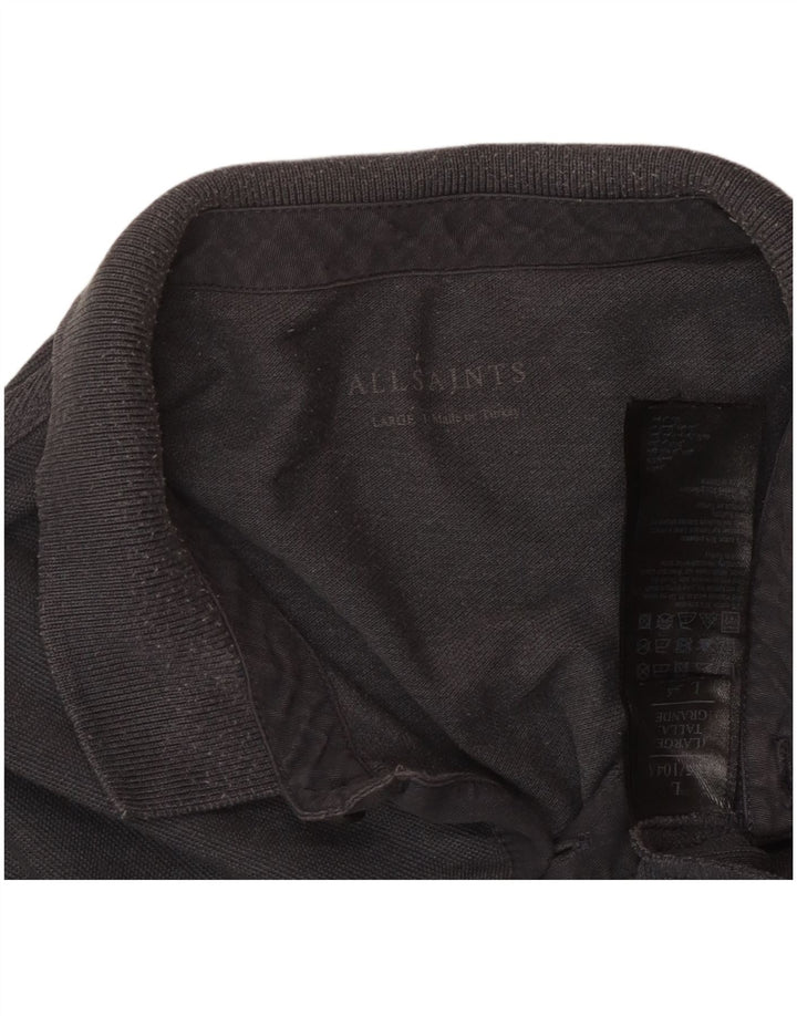 All Saints Herren-Langarm-Poloshirt, große graue Baumwolle