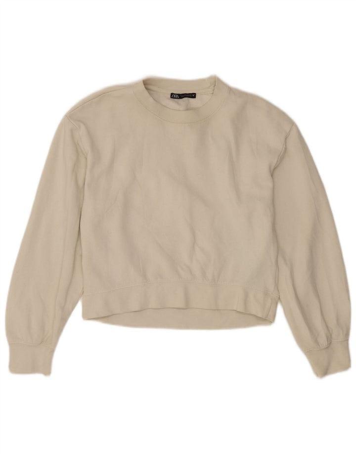 Zara Damen Crop Sweatshirt Pullover UK 10 Small Weiße Baumwolle