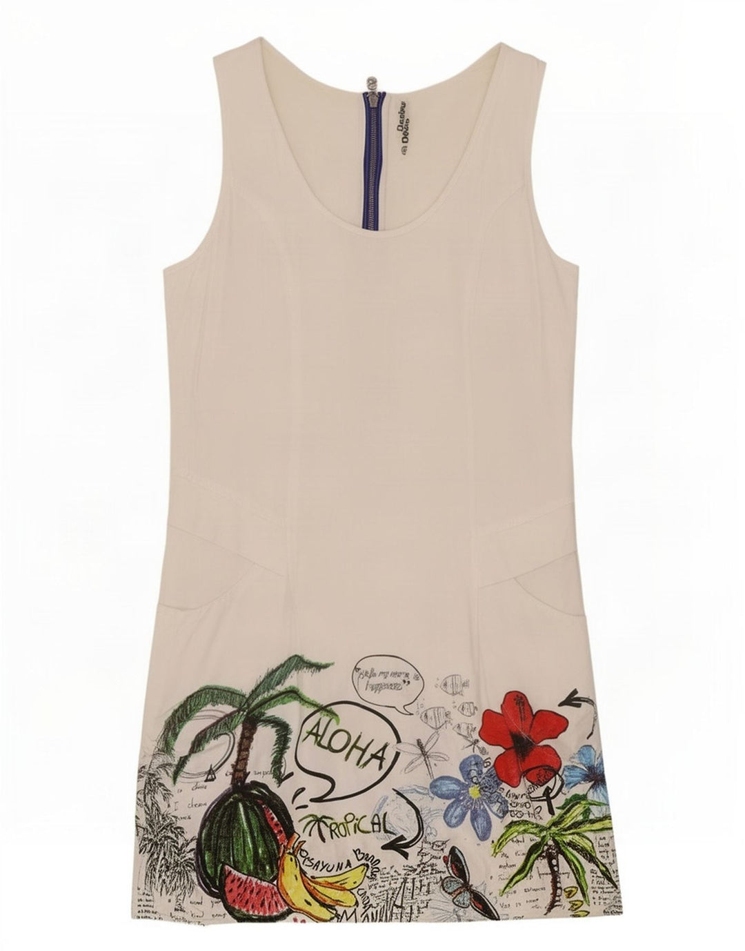 Desigual Damen Ärmelloses Sommerkleid EU 40 Mittelweiße Viskose mit Blumenmuster