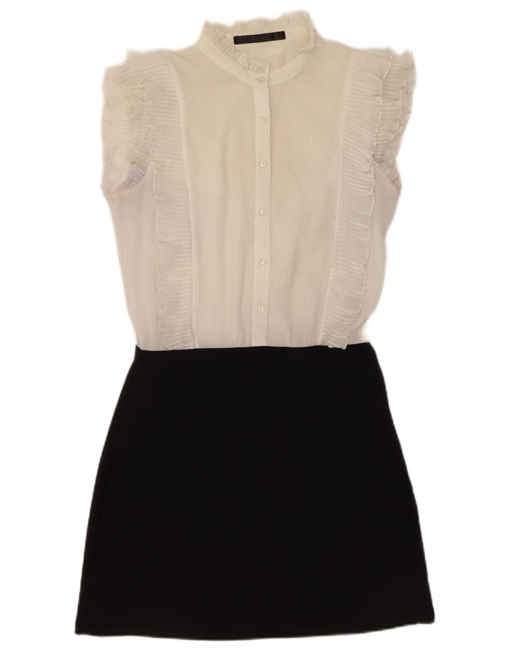 Zara Damen A-Linien-Kleid mit Rüschen vorne, Gr. 10, Größe S, Weiß, Farbblock