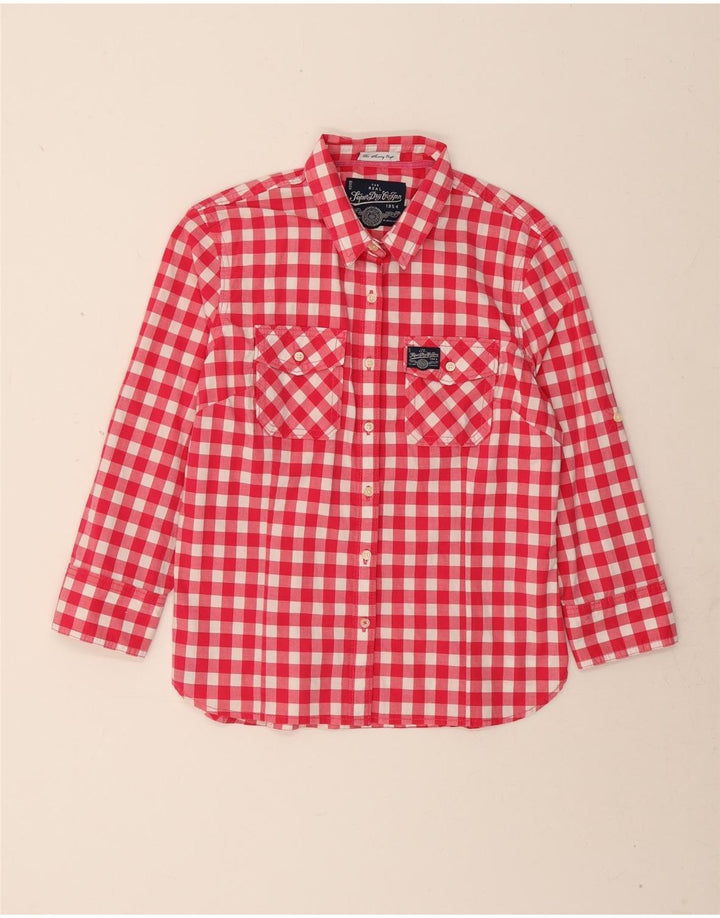 SUPERDRY Womens 3/4 Sleeve Shirt UK 12 Medium Pink Gingham Cotton