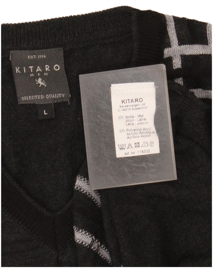 KITARO Herren-Pullover mit V-Ausschnitt, groß, grau kariert, Wolle