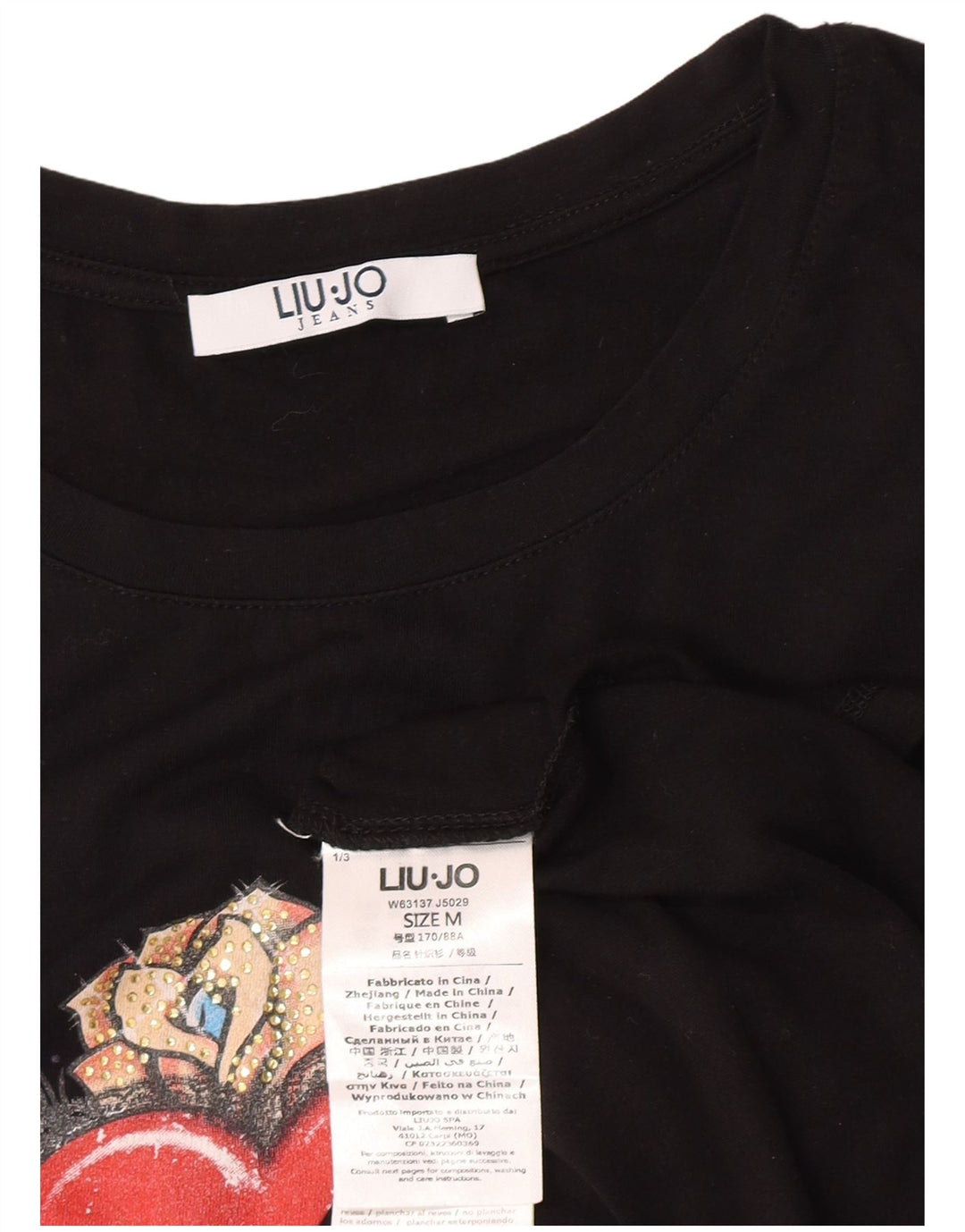 Liu Jo Damen Grafik T-Shirt Top UK 12 Medium Schwarz Viskose