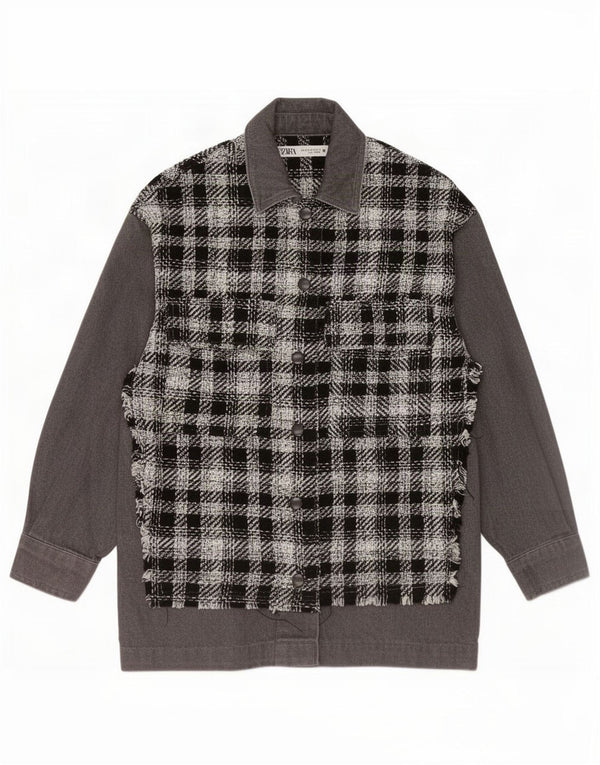 Zara Damen Overshirt-Hemd UK 6 XS Schwarz karierte Baumwolle