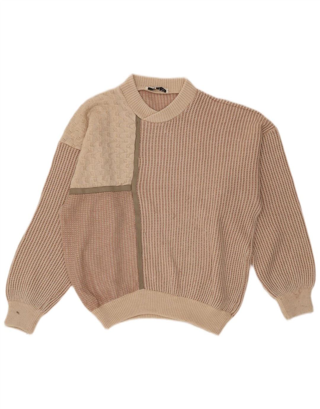Oscar Forghieri Herren-Pullover mit Rundhalsausschnitt, mittelbeige gestreifte Wolle