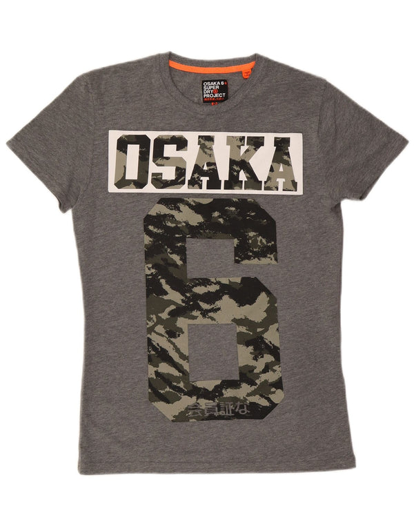 SUPERDRY Herren-Osaka-Grafik-T-Shirt-Oberteil aus kleiner grau gesprenkelter Baumwolle