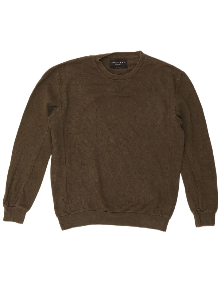 Zara Herren-Pullover mit Rundhalsausschnitt, mittlere Khaki-Baumwolle