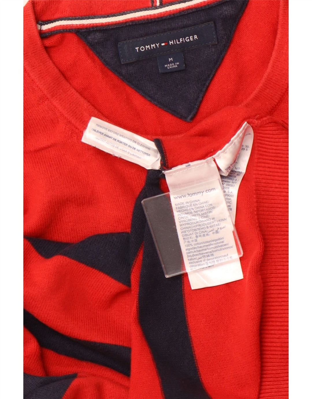 TOMMY HILFIGER Herren-Pullover mit Rundhalsausschnitt, mittelrot, gestreift, Baumwolle