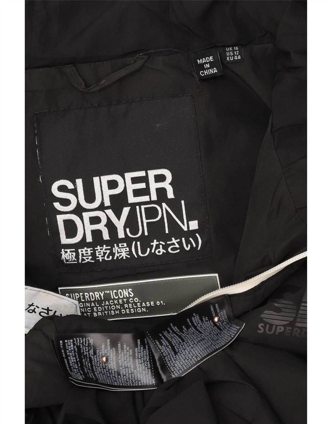 SUPERDRY Wattierte Jacke mit grafischer Kapuze für Damen, UK 16, Größe L, Schwarz, Farbblock
