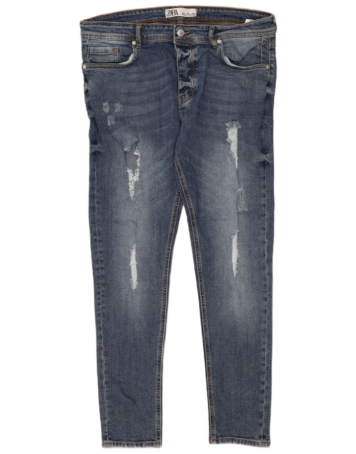 Zara Damen Distressed Slim Jeans W36 L28 Blaues Polyester