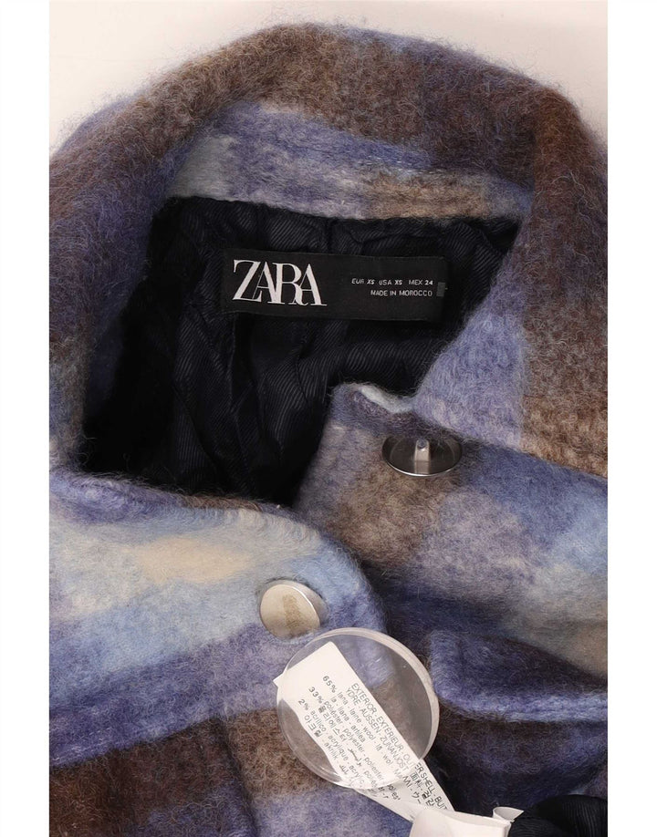 Übergroße Shacket-Jacke von Zara für Damen, UK 6, XS, blau karierte Wolle
