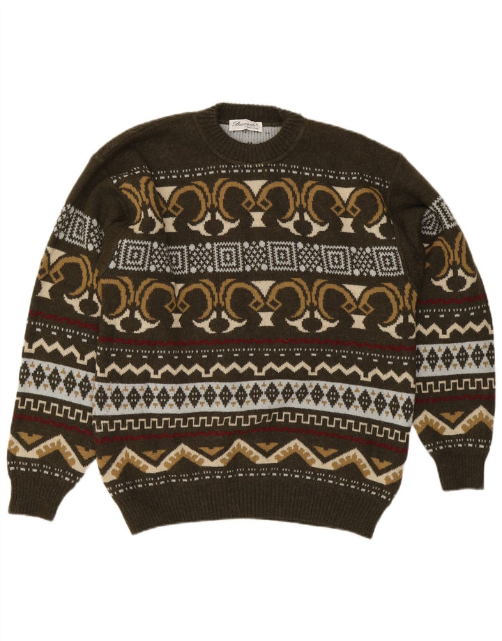 Bramante Herren-Pullover mit Rundhalsausschnitt, IT 50, mittlere Khaki-geometrische Wolle