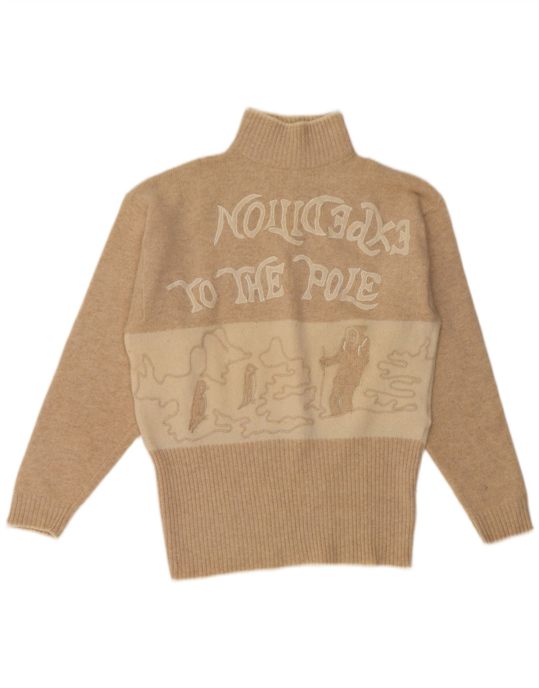 Vintage Damen Rollkragenpullover Pullover UK 14 Mittelbeige Farbblock