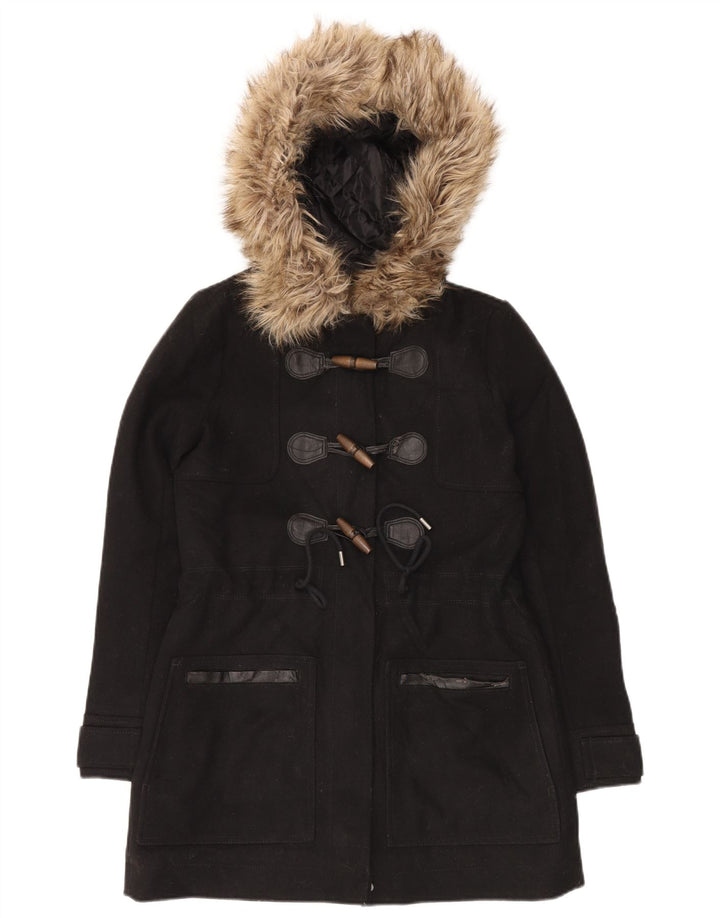 Abercrombie & Fitch Damen-Dufflecoat mit Kapuze, UK 10, Größe S, schwarze Wolle