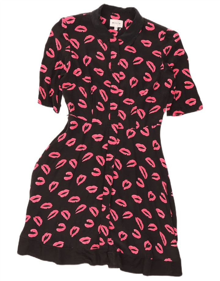 Milly Damen-Hemdkleid mit abstraktem Muster und kurzen Ärmeln, US 4 Small, Schwarz