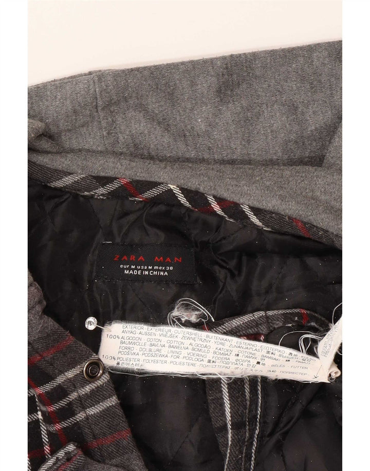 Zara Herren-Lumberjack-Flanellhemd mit Kapuze, mittelgraue Karo-Baumwolle