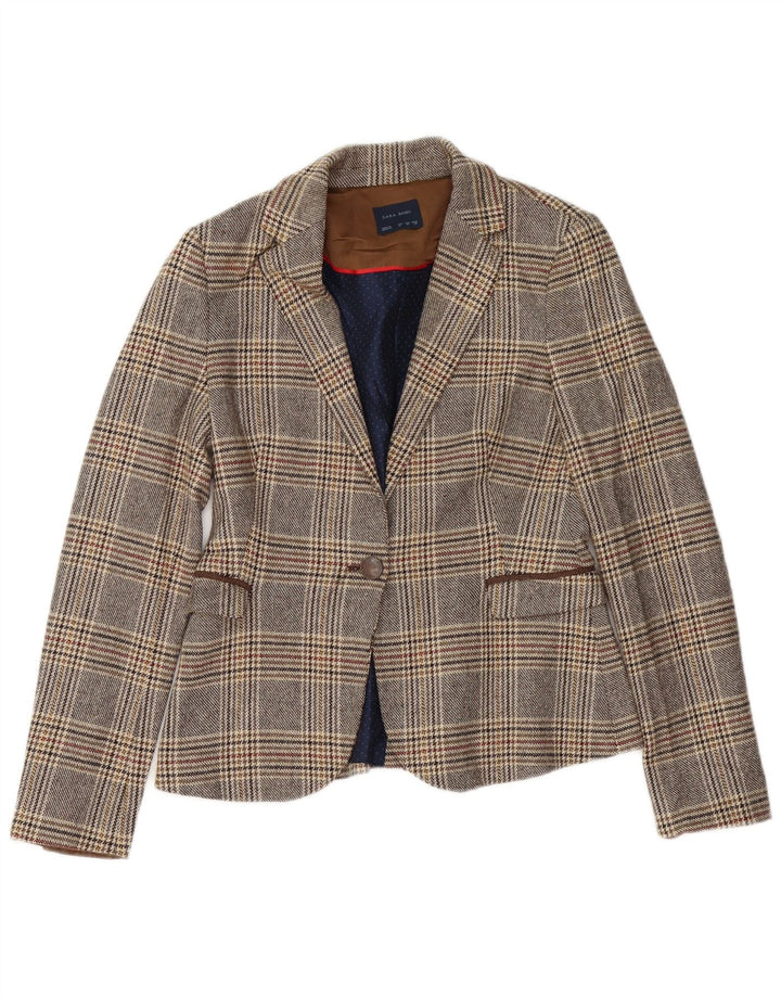 Zara Damen 1-Knopf-Blazerjacke UK 14 Mittelgrau kariertes Acetat