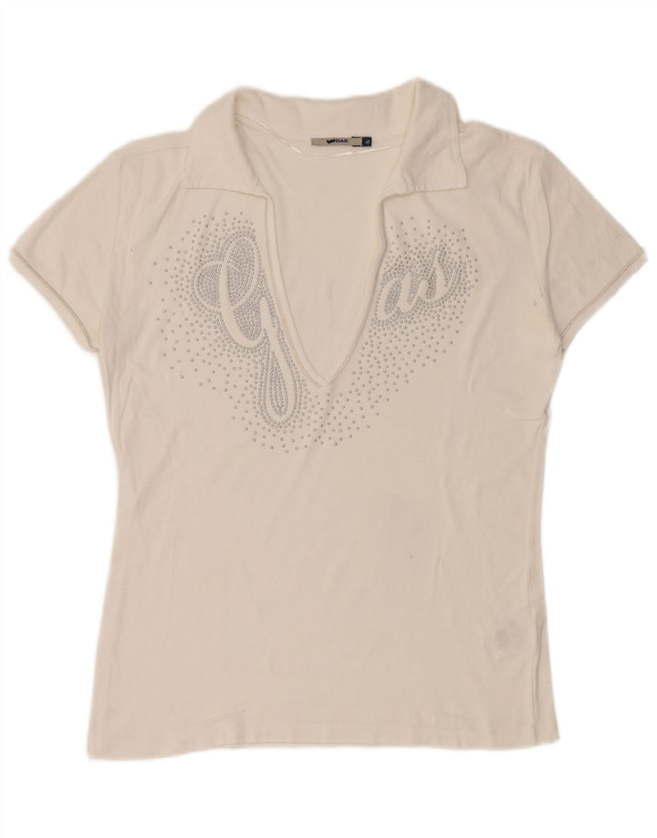 GAS Damen-Poloshirt mit Grafik, UK 18, XL, weiße Baumwolle