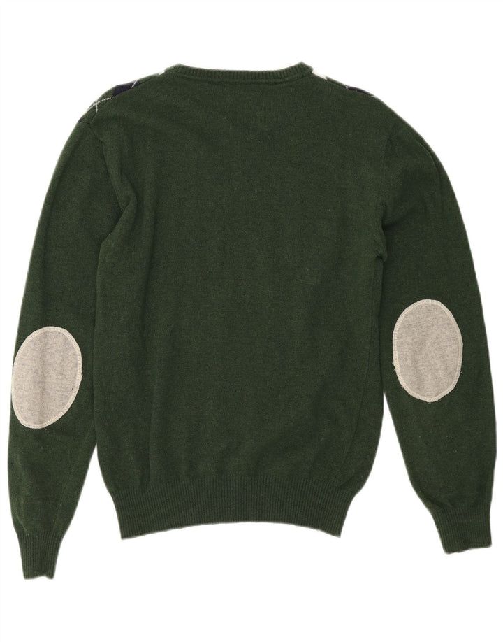 Berna Herren-Pullover mit U-Boot-Ausschnitt, mittelgrüne Argyle-/Diamantwolle