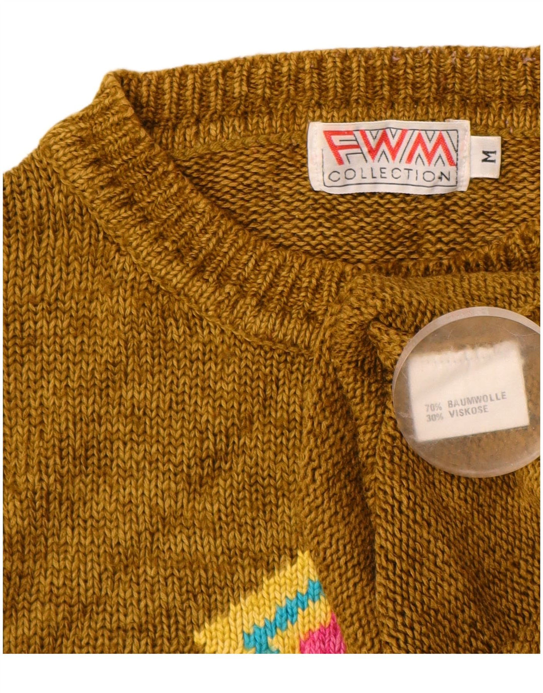 VINTAGE Damen Pullover mit Rundhalsausschnitt, UK 14, Medium Khaki Argyle/Diamant