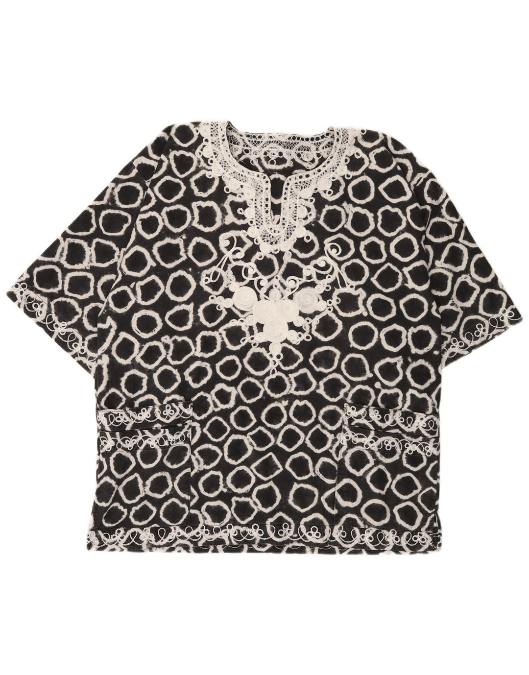 VINTAGE Damen Übergroßes Blusentop mit abstraktem Muster UK 18 XL Schwarz