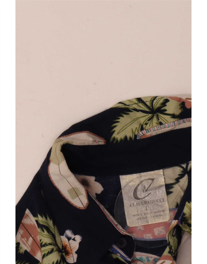 Vintage Herren-Kurzarmshirt mit abstraktem Muster, groß, marineblau, Rayon